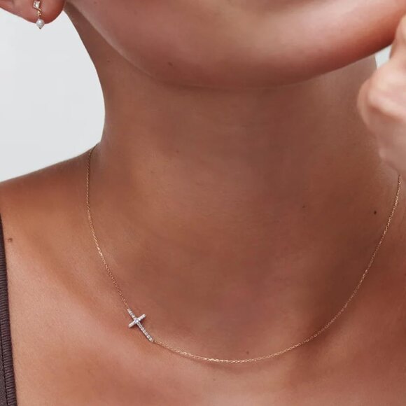 05 Sideway Cross Necklaces Women's Plated Dainty Silver Small Cross Pendant - Picture 8 of 9